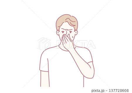 Dissatisfied man pinching nose with hand suffering from unpleasant smell of sweat. Vector image Dissatisfied man pinching nose with hand suffering from unpleasant smell of sweat. Vector image 137728608