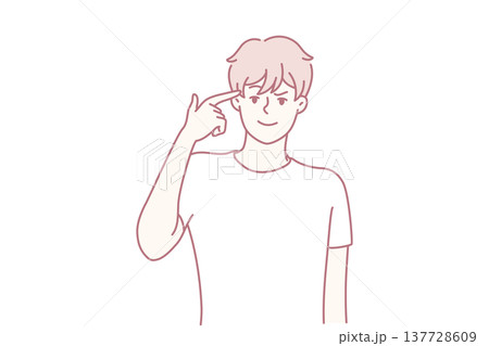 Man touches temple with finger wanting to show presence of important idea. Vector image 137728609
