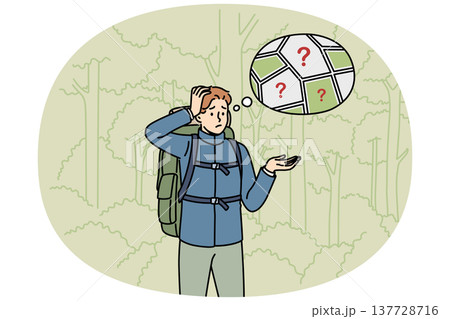 Man gets lost in forest and stands among trees, remembering route to house or highway Man gets lost in forest and stands among trees, remembering route to house or highway 137728716