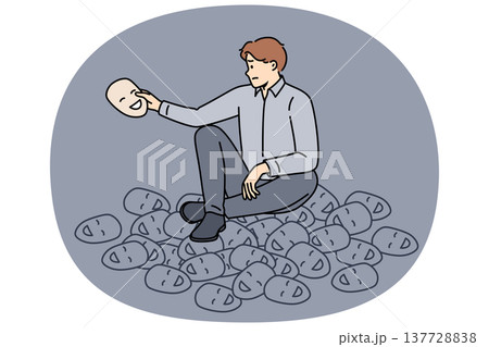 Masks with fake smile around man who uses hypocrisy to communicate with colleagues on daily basis Masks with fake smile around man who uses hypocrisy to communicate with colleagues on daily basis 137728838