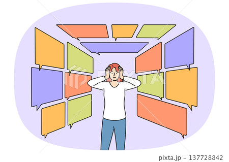 Information overload causes discomfort for woman standing among dialogue bubbles Information overload causes discomfort for woman standing among dialogue bubbles 137728842