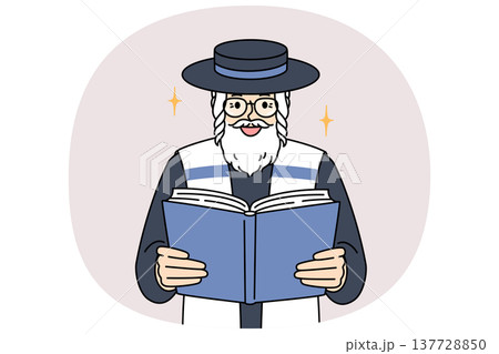 Old jewish man reads torah, studying gospel and prayers for shabbat visit to synagogue 137728850