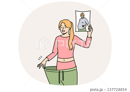 Lost weight woman in huge pants, showing own old photo with big belly and fat or cellulite on hips Lost weight woman in huge pants, showing own old photo with big belly and fat or cellulite on hips 137728854