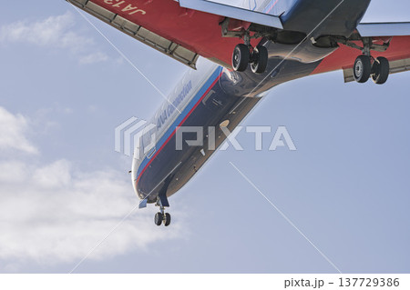 夕暮れの仙台空港　着陸中の飛行機　宮城県名取市 137729386
