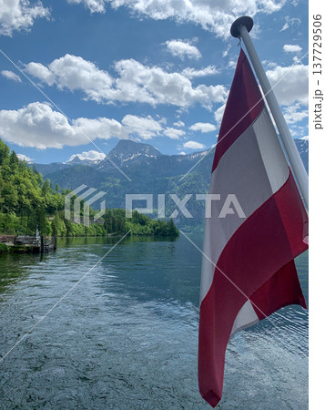 Austrian flag in Upper Austria region, Hallstatt, Austrian Alps, Austria Austrian flag in Upper Austria region, Hallstatt, Austrian Alps, Austria 137729506