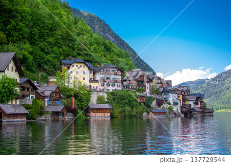 Hallstatt, Salzburg, Austria - 05.14.2022: View of the city from the coast Hallstatt, Salzburg, Austria - 05.14.2022: View of the city from the coast 137729544