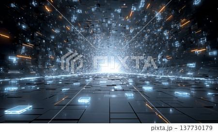 青い光の粒子が地平線から手前に広がるサイバー空間 137730179