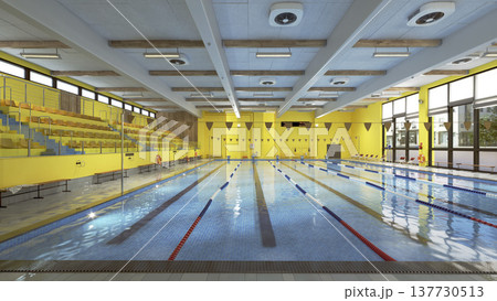 3D rendering of an empty indoor swimming pool. Modern sports facility with yellow walls and lanes 3D rendering of an empty indoor swimming pool. Modern sports facility with yellow walls and lanes 137730513