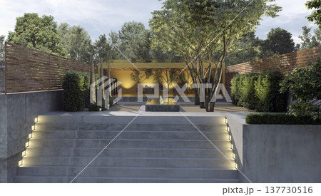 3D rendering of a modern courtyard. Illuminated concrete stairs leading to a patio and fountain 137730516