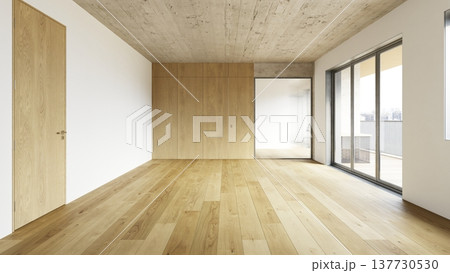 Empty modern room with wood floor and concrete ceiling. Unfurnished apartment interior with balcony Empty modern room with wood floor and concrete ceiling. Unfurnished apartment interior with balcony 137730530