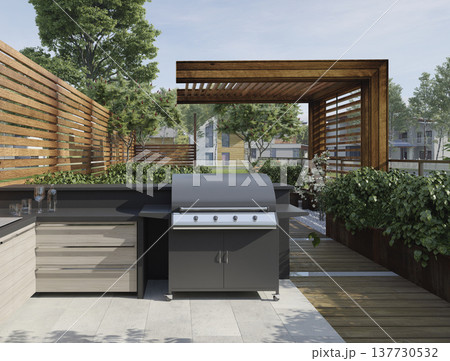 Modern outdoor kitchen with gas grill on a wooden patio. 3D rendering of a backyard barbecue area Modern outdoor kitchen with gas grill on a wooden patio. 3D rendering of a backyard barbecue area 137730532
