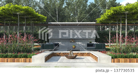 3d illustration of a contemporary outdoor lounge. Symmetrical backyard patio with fire pit and sofas 137730535