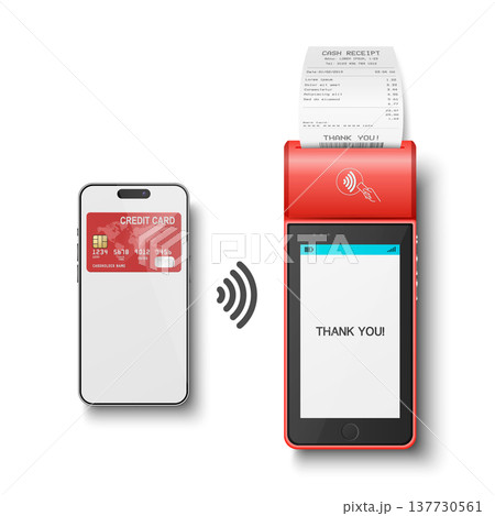 Vector 3d Red NFC Payment Terminal with Smartphone Closeup. Approved Payment and Successful Transaction. Contactless Payment Machine Template, Bank Card Transaction POS Terminal 137730561