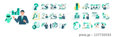 AI活用のビジネスシーンセット データ分析や音声認識で業務効率化する男女のイラスト 137730593