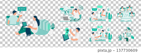 A set of business illustrations for summer teleworking/hybrid work, energy saving, and heatstroke countermeasures. 137730609