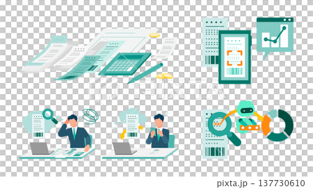 一組插圖，描繪了商人使用 AI/OCR 自動化技術透過智慧型手機掃描收據和發票的場景。 137730610