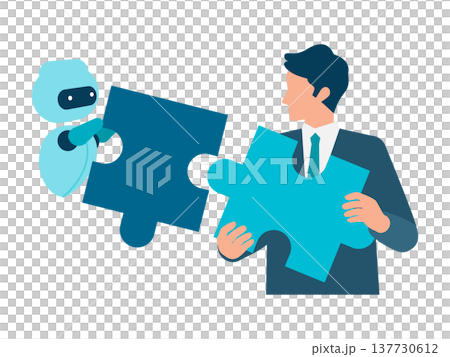 A businessman completes a puzzle with an AI assistant, illustrating problem-solving and strategic goal achievement. A businessman completes a puzzle with an AI assistant, illustrating problem-solving and strategic goal achievement. 137730612