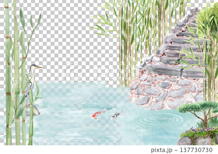 Watercolor illustration of Asian zen garden with bamboo grove, stone steps, koi fish pond, heron. Tranquil oriental landscape with water, plants rocks for spa design, meditation theme, wallpaper 137730730