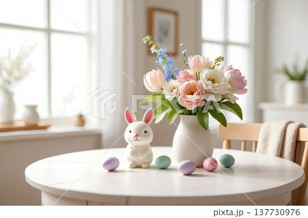 Cute Easter Bunny Figurine With Spring Flowers And Pastel Eggs 137730976