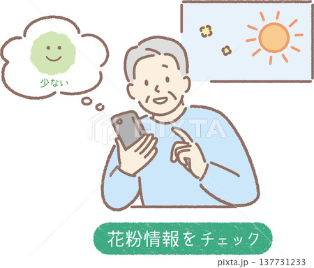 花粉症情報をスマホでチェックする高齢男性（花粉が少ない） 137731233