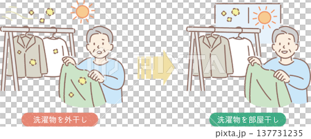 花粉対策_外干しから部屋干しに変える高齢男性 137731235