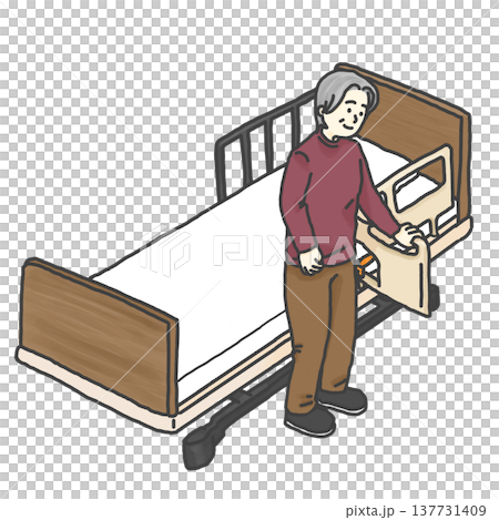 ベッド 立ち上がり 立位 L字柵 高齢者 リハビリ 福祉用具 介護用ベッド イラスト 自立支援 ベッド 立ち上がり 立位 L字柵 高齢者 リハビリ 福祉用具 介護用ベッド イラスト 自立支援 137731409