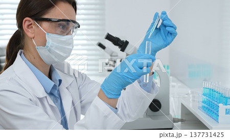 Female scientist wearing a face mask and blue gloves, carefully dropping liquid from a pipette into a test tube in a modern lab. Medicine, healthcare and science concept Female scientist wearing a face mask and blue gloves, carefully dropping liquid from a pipette into a test tube in a modern lab. Medicine, healthcare and science concept 137731425