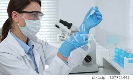 Female scientist wearing a face mask and blue gloves, carefully dropping liquid from a pipette into a test tube in a modern laboratory. Medicine and science concept 137731442