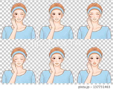 A set of illustrations of an adult man wearing a headband and doing skincare. A set of illustrations of an adult man wearing a headband and doing skincare. 137731463