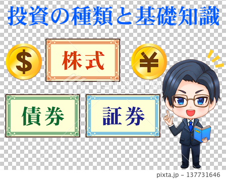 Illustration of a man explaining different types of investments. 137731646
