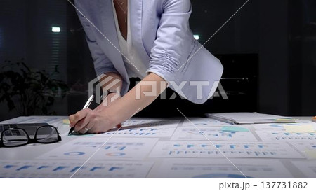 Businesswoman analyzing corporate financial data and sales growth charts on documents spread across an office desk, working late night in a professional setting Businesswoman analyzing corporate financial data and sales growth charts on documents spread across an office desk, working late night in a professional setting 137731882