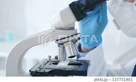 Microscope and scientist's hands in blue gloves adjusting close up in laboratory set. Medicine, science concept Microscope and scientist's hands in blue gloves adjusting close up in laboratory set. Medicine, science concept 137731901