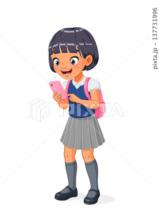 Happy young Asian school girl looking excitedly at her mobile phone. Cartoon vector illustration. 137731996