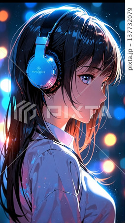 ネオンの街でヘッドホンをつけた少女の横顔、夜の雑踏に佇む 137732079