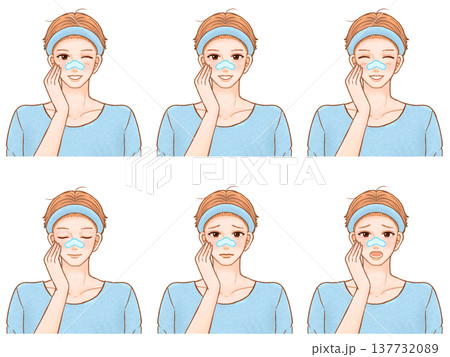 スキンケアで鼻パックする大人男性のイラスト素材セット2 スキンケアで鼻パックする大人男性のイラスト素材セット2 137732089