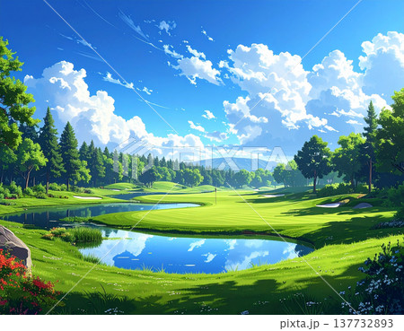 緑鮮やかなフェアウェイと蒼穹、心解き放つゴルフ場の絶景 緑鮮やかなフェアウェイと蒼穹、心解き放つゴルフ場の絶景 137732893