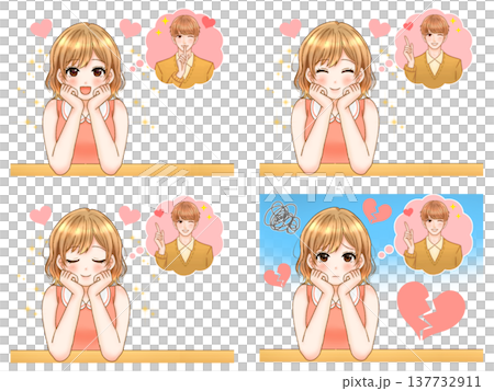 A set of anime-style illustrations of a girl who has a crush on a handsome boy. A set of anime-style illustrations of a girl who has a crush on a handsome boy. 137732911