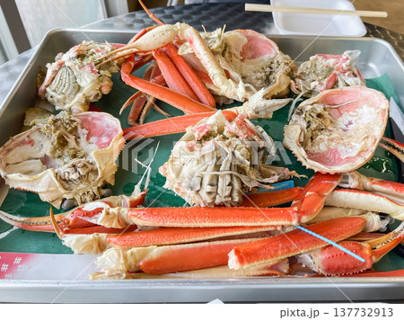 日本の石川県で有名な本ズワイガニ。茹でたカニを食べるために解体した様子。 137732913