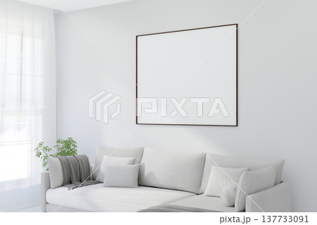A Horizontal Thin Frame Mockup on Light Wall in Modern Interior. 3D Render. 137733091