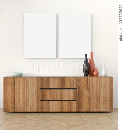Double Vertical Frameless Canvas on Light Wall in Modern Interior. 3D Render. 137733092