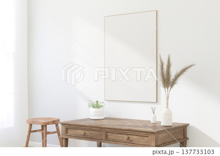 Thin Vertical Wooden Frame Mockup with Minimalist Design on Light Wall. 3D render. 137733103
