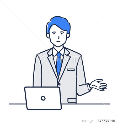 ビジネスミーティングでPCを使って説明する男性　プレゼン・会議イラスト 137733146