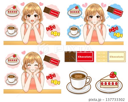ダイエット中に甘い物を思い浮かべる女の子のアニメ系イラスト素材セット 137733302