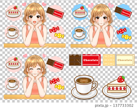一組動漫風格的插圖,描繪了一個女孩在節食期間想著甜食的情景。 一組動漫風格的插圖,描繪了一個女孩在節食期間想著甜食的情景。 137733302