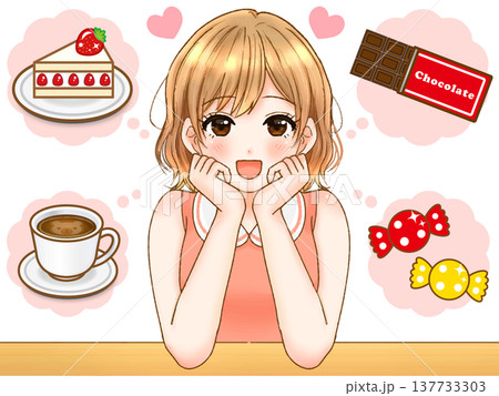 ダイエット中に甘い物を思い浮かべる女の子のアニメ系イラスト素材 137733303