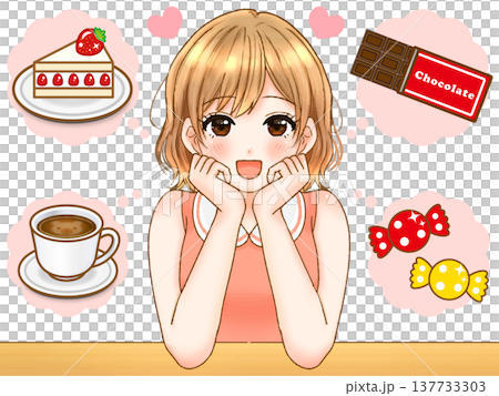 一幅動漫風格的插畫,描繪了一個正在節食的女孩想著甜食。 一幅動漫風格的插畫,描繪了一個正在節食的女孩想著甜食。 137733303