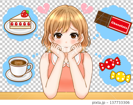 動漫風格插畫素材3：一個女孩在節食期間想著甜食 137733306