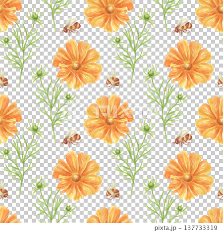 Watercolor seamless pattern with wild orange flowers and bees. Hand-drawn summer floral pattern. Background for textiles, wallpaper, and wrapping paper. Honey bees in a flower meadow. Watercolor seamless pattern with wild orange flowers and bees. Hand-drawn summer floral pattern. Background for textiles, wallpaper, and wrapping paper. Honey bees in a flower meadow. 137733319