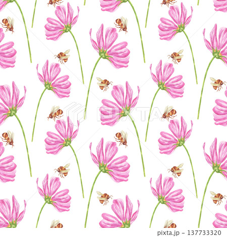 Watercolor seamless pattern with wild pink flowers and flying bees. Summer botanical print for fabric, wrapping paper, wallpaper, and decor. Floral summer pattern with bumblebees. Watercolor seamless pattern with wild pink flowers and flying bees. Summer botanical print for fabric, wrapping paper, wallpaper, and decor. Floral summer pattern with bumblebees. 137733320