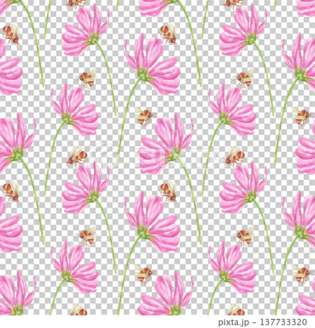 Watercolor seamless pattern with wild pink flowers and flying bees. Summer botanical print for fabric, wrapping paper, wallpaper, and decor. Floral summer pattern with bumblebees. Watercolor seamless pattern with wild pink flowers and flying bees. Summer botanical print for fabric, wrapping paper, wallpaper, and decor. Floral summer pattern with bumblebees. 137733320